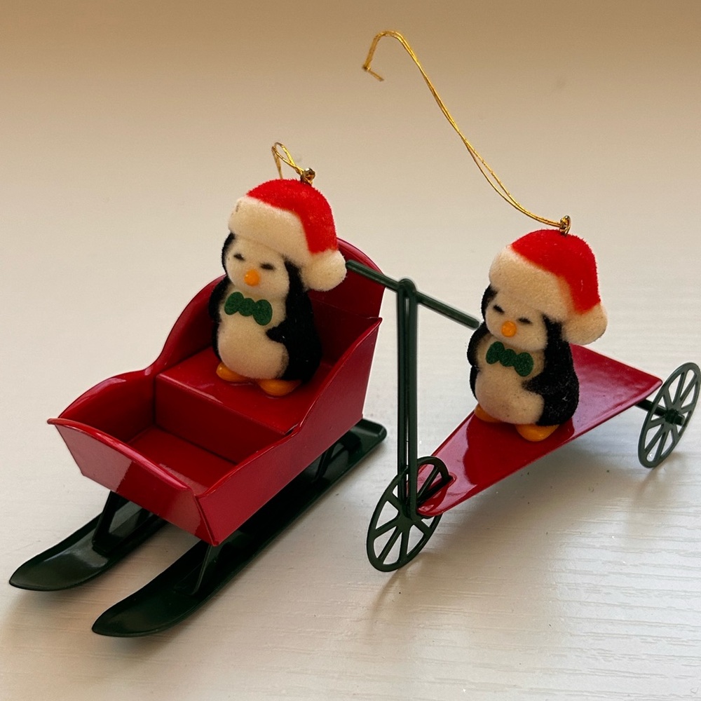 Vintage‎ Pair of Penguin on Scooter Metal Sled Sleigh Christmas Ornaments Avon